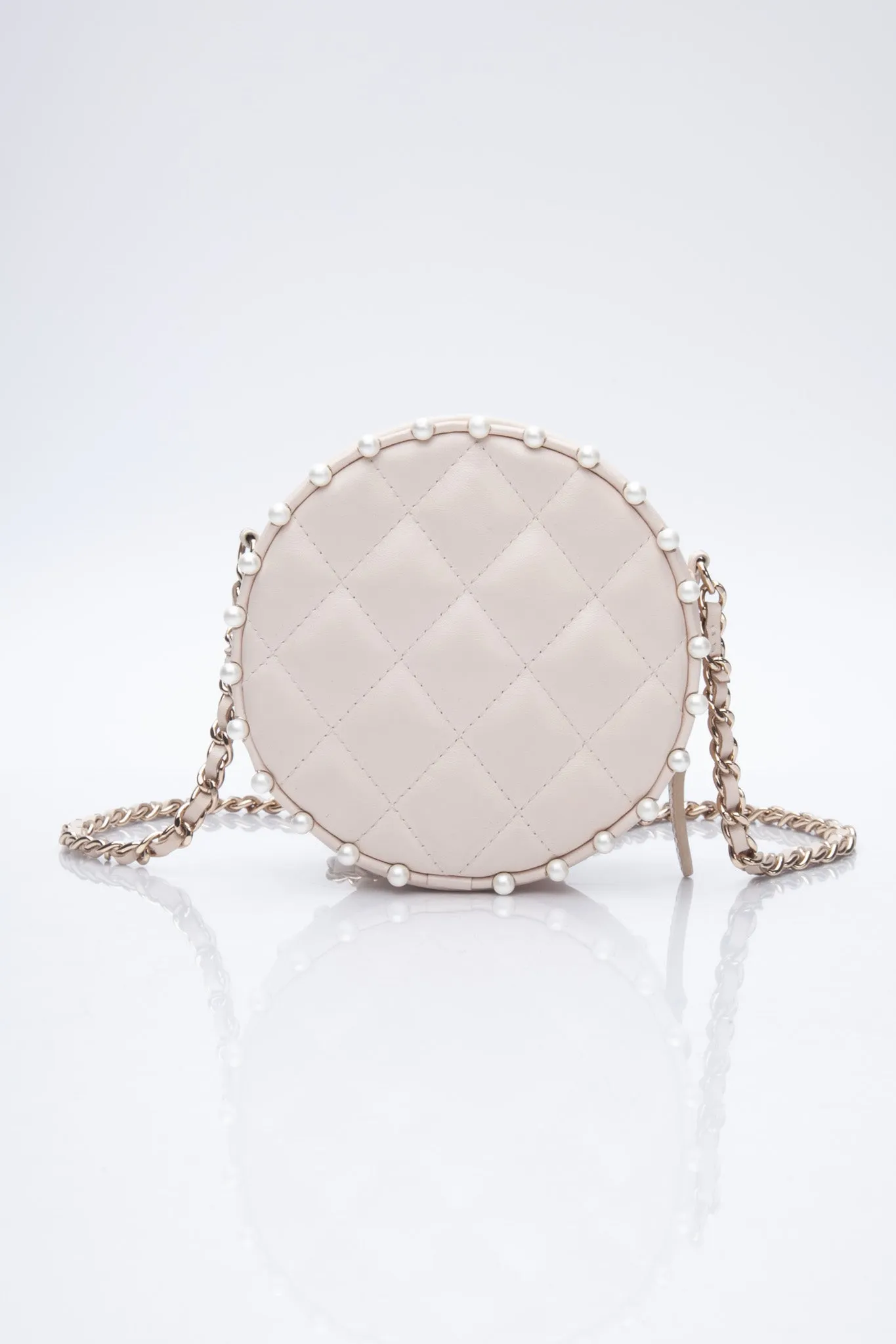 CHANEL Cream Calfskin Quilted Pearl Round Crossbody Bag