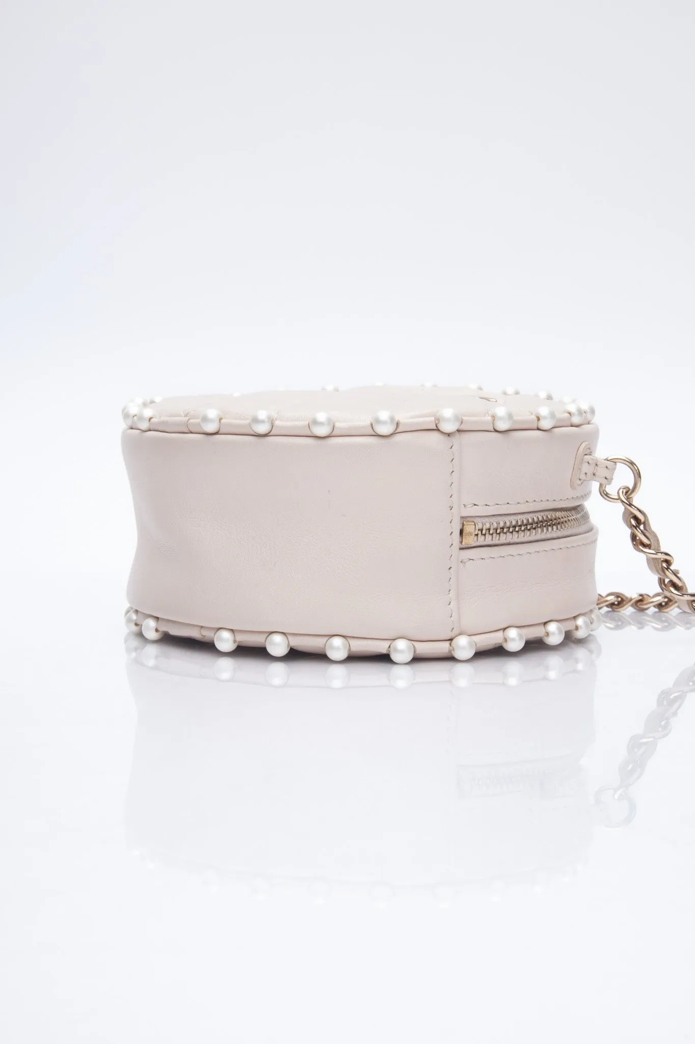 CHANEL Cream Calfskin Quilted Pearl Round Crossbody Bag