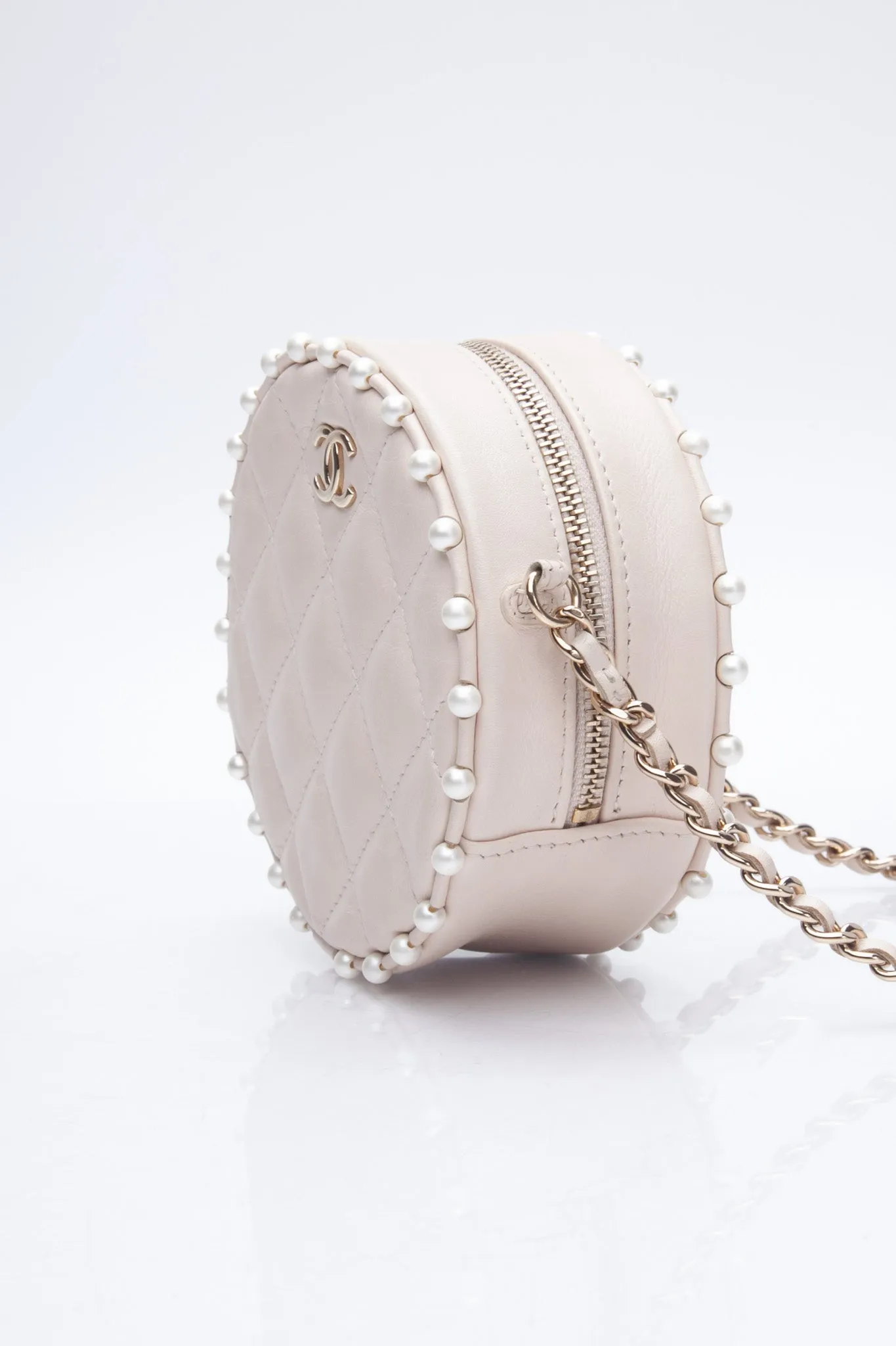 CHANEL Cream Calfskin Quilted Pearl Round Crossbody Bag