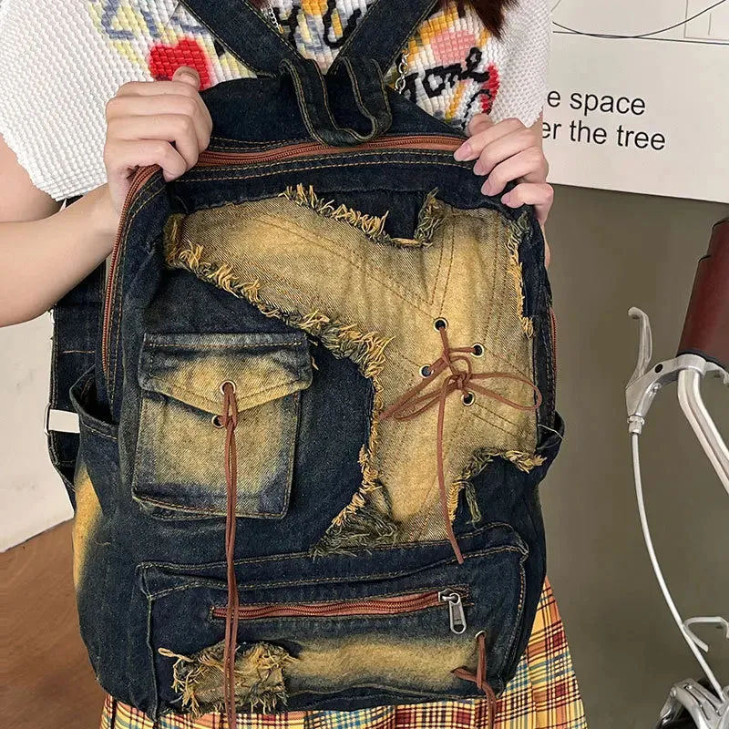 UAKISS  -  Washed Denim Womens backpack Large Capacity y2k Hot Fashion Designer big Travel Bag Girls  Daypack bagpack casual commuter bag