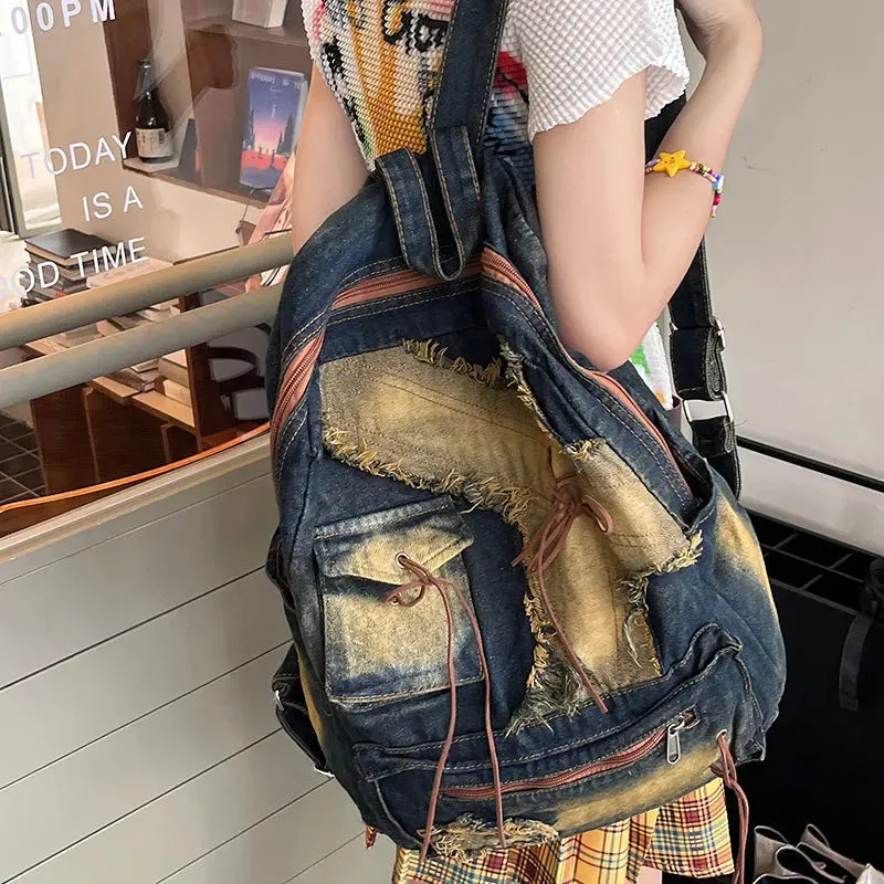 UAKISS  -  Washed Denim Womens backpack Large Capacity y2k Hot Fashion Designer big Travel Bag Girls  Daypack bagpack casual commuter bag