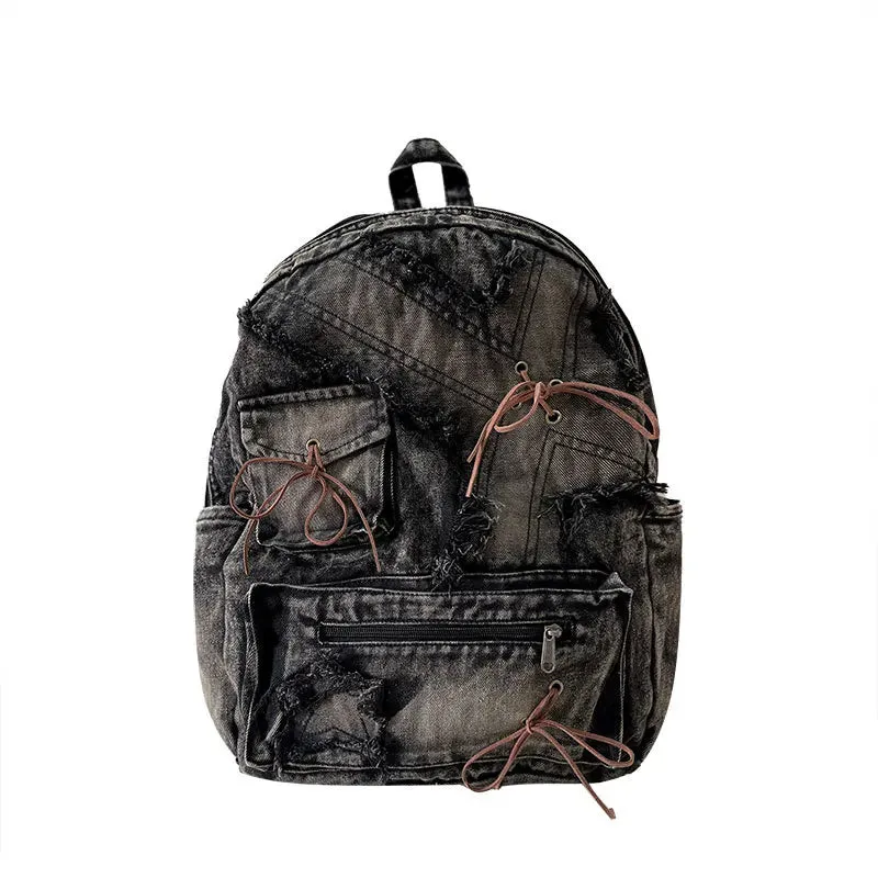 UAKISS  -  Washed Denim Womens backpack Large Capacity y2k Hot Fashion Designer big Travel Bag Girls  Daypack bagpack casual commuter bag