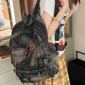 UAKISS  -  Washed Denim Womens backpack Large Capacity y2k Hot Fashion Designer big Travel Bag Girls  Daypack bagpack casual commuter bag