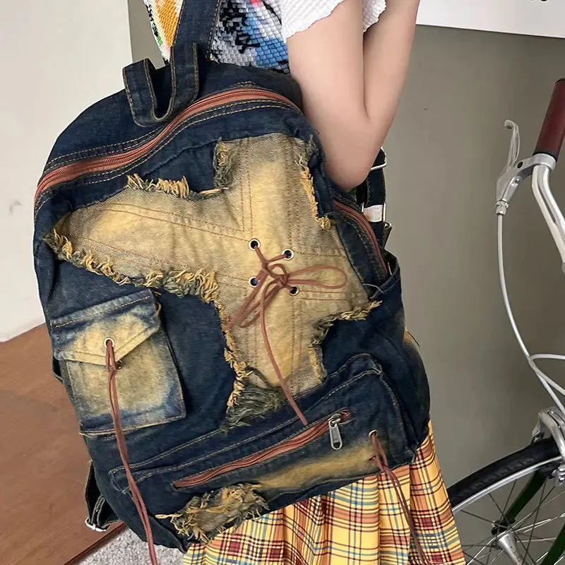 UAKISS  -  Washed Denim Womens backpack Large Capacity y2k Hot Fashion Designer big Travel Bag Girls  Daypack bagpack casual commuter bag