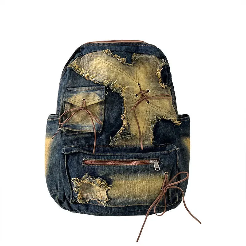 UAKISS  -  Washed Denim Womens backpack Large Capacity y2k Hot Fashion Designer big Travel Bag Girls  Daypack bagpack casual commuter bag